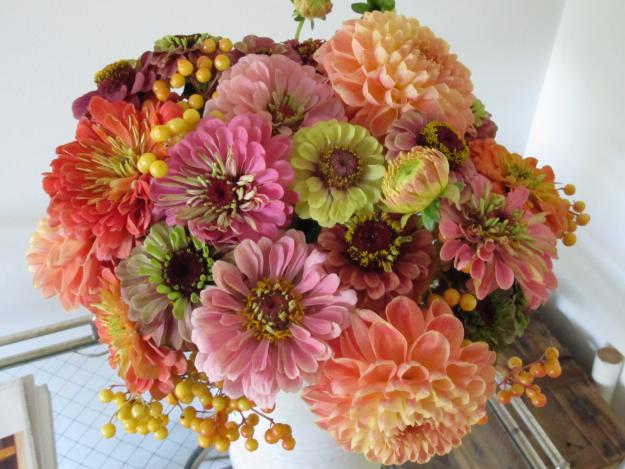 dahlias, zinnias, sunflowers