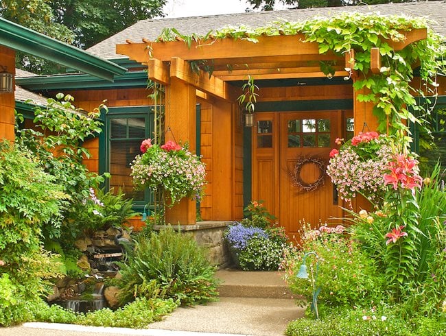 Front Entrance With Arbor Garden Design Calimesa, CA